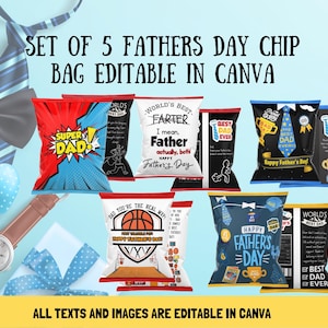 Set di 5 sacchetti di patatine per la festa del papà modificabili in Canva