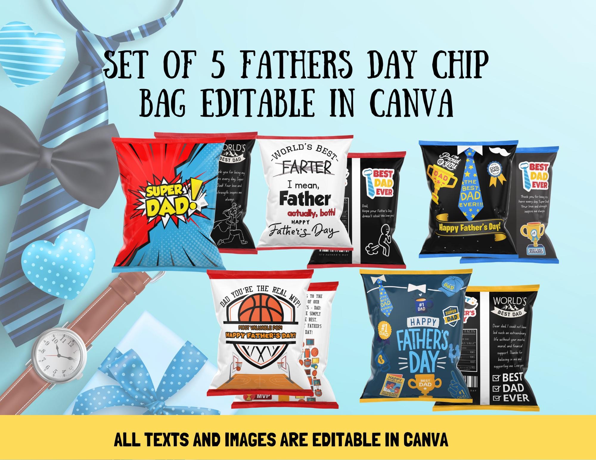 Set of 5 Fathers Day Chip Bag Editable in Canva