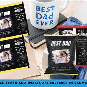 Meilleur sac à croustilles pour papa modifiable sur Canva pour la fête des pères, retouche photo personnalisée, personnalisation gratuite