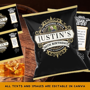 65th Birthday Chip Bag Whiskey theme Editable in Canva