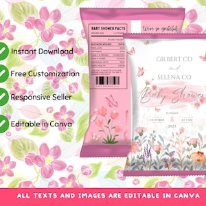 Colorful Floral Butterfly Baby Shower Chip Bag Editable in Canva