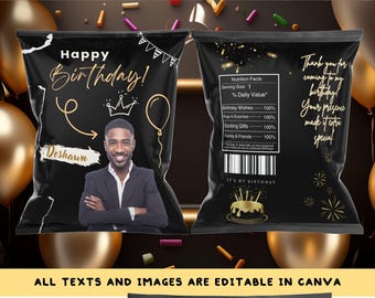 Doodle Elegant Black and Gold Birthday Chip Bag  Editable in Canva