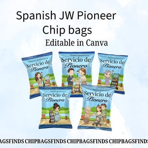 May include: Five blue chip bags with the text "Servicio de Pionero" in Spanish. Each bag features a different illustration of people. The text "Spanish JW Pioneer Chip bags Editable in Canva" is at the top and "CHIPBAGSFINDS" at the bottom.