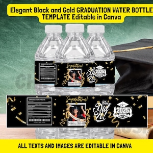 Elegante zwart-gouden sjabloon voor waterflessen GRADUATION, bewerkbaar in canvas