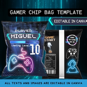 Puede incluir: Plantilla de bolsa de chips de jugador editable en Canva. La bolsa presenta un mando de juego de neón azul y rosa, el texto "Player Miguel" y "Loading Level 10". El otro lado de la bolsa tiene el texto "Game Start" y "¡Gracias por jugar conmigo!" con un gráfico de mando de juego en blanco y negro.