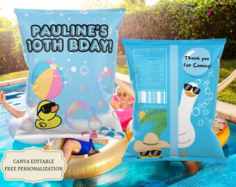 May include: A blue and white chip bag with a cartoon duck wearing sunglasses and a beach ball. The bag says "Pauline's 10th Bday!" and "Thank you for Coming!"