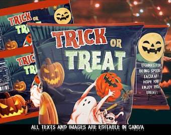 Plantilla para bolsa de papas fritas de Halloween: Calabaza fantasma para truco o trato (PDF editable en Canva)