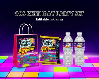 90s Birthday Party Templates, Chip Bag, Gift Bag, Water Labels (Editable in Canva)