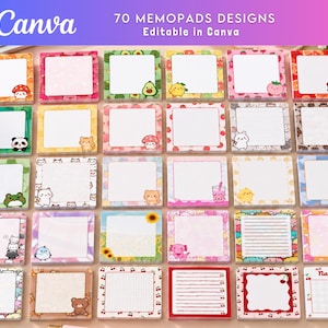 May include: A collection of 70 square memo pads featuring various colorful borders, patterns, and cartoon illustrations of animals, fruits, and flowers. The designs include blank, lined, and grid paper layouts, all presented in a grid arrangement.