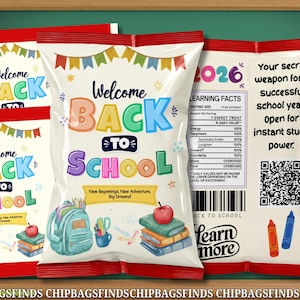 May include: A white chip bag with red top and bottom borders featuring colorful Welcome Back To School text, a backpack, books, and an apple illustration. The back includes a Learning Facts label, a QR code, and the text Your secret weapon for a successful school year! Open for instant study power.