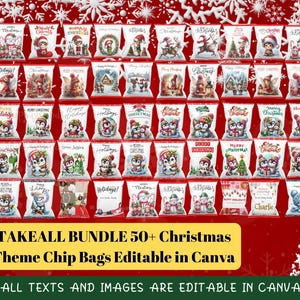 Könnte beinhalten: Eine Sammlung von über 50 weihnachtlichen Chipstüten, jede mit einzigartigen festlichen Illustrationen und Texten. Die Tüten zeigen Bilder von Schneemännern, Pinguinen und Weihnachtsgrüßen. Der Text "TAKEALL BUNDLE 50+ Christmas Theme Chip Bags Editable in Canva" ist sichtbar.