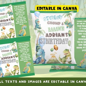 Op de afbeelding: Bewerkbare sjabloon voor een dinosaurus-thema 1e verjaardag party-tas. De tas is groen en wit met een dinosaurus-illustratie en de tekst "Stomp Chomp & RAAAWRI Adrian's 1st Birthday!"