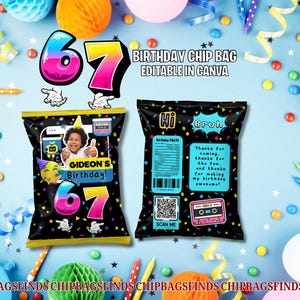 May include: Black chip bag design with the number 67 in pink and blue, with the text "Gideon's Birthday!" and "Birthday Chip Bag Editable in Canva." The bag features a photo of a child and the words "Hi Bruh."