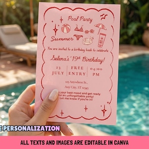 Pink and Red Illustrative Doodle Birthday Pool Party Invitation Editable in Canva