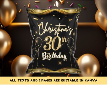 Puede incluir: Bolsa de regalo para fiestas negra y dorada con purpurina y confeti dorados. La bolsa tiene el texto "Christina's 30th Birthday".