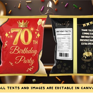 May include: Two party favor bags, one red and one black, for a 70th birthday. The red bag has gold text that reads "70th Birthday Party". The black bag says "Thank you for coming to my birthday!" and has a cake graphic.