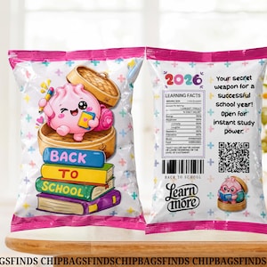 May include: A white snack bag with pink trim featuring a cartoon pink dumpling character holding a book and pencil, sitting on a bamboo steamer above a stack of colorful books labeled Back To School. The back displays 2026, a QR code, and text.
