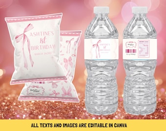 Etiquetas para bolsas de papas fritas y botellas de agua con lazo rosa (editables en Canva)