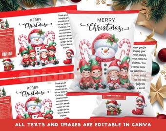 Christmas Chip Bag Snowman with Christmas Elf  Editable in Canva