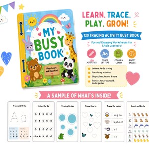 Könnte beinhalten: Ein farbenfrohes "My Busy Book" für kleine Lerner. Das Cover zeigt einen Regenbogen, eine Sonne und Zeichentricktiere. Das Buch enthält 120 Malvorlagen, Buchstaben, Ausmalbilder, Formen und mehr. Der Text lautet "Learn, Trace, Play, Grow!"