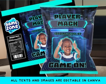 Custom Photo Gamer Birthday Chip Bag: Level Up Theme (PDF File)