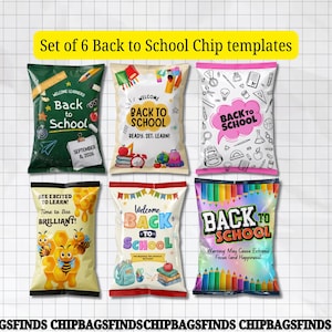 Puede incluir: Un conjunto de seis plantillas rectangulares para bolsas de patatas con temas de regreso a clases. Los diseños incluyen pizarras, abejas y lápices coloridos con textos como Back to School, Ready. Set. Learn! y Time to Bee Brilliant sobre una cuadrícula.