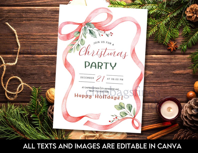 May include: A Christmas party invitation with a watercolour design. The invitation features a red ribbon border, greenery, and the text "Christmas Party" with the date and time. The background is a wooden surface with festive decorations.