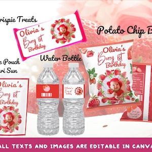 May include: A set of printable party favour labels featuring a strawberry theme. The labels are designed for a first birthday party and include a juice pouch, water bottle, potato chip bag, and Krispie Treat labels. The labels feature a red and white colour scheme with a strawberry pattern and the text "Olivia's Berry 1st Birthday".