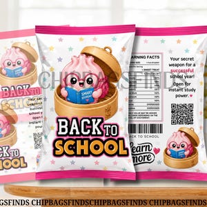 May include: A snack bag featuring a pink dumpling character with glasses reading a blue book labeled Smart Student inside a bamboo steamer. The bag has a white background with colorful stars, pink borders, and the text Back to School in bold.