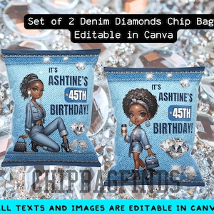 30th Birthday gift for her Set of 2 Denim and Diamonds Chip Bags Denim Birthday Editable in Canva