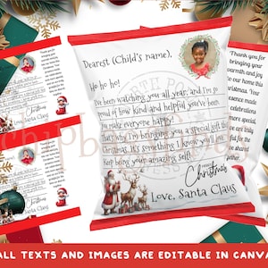 Custom Add Photo Santa Letter Holiday Snack Chip Bag Editable in Canva