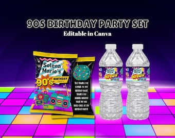 90s Birthday Chip Bag and Water labels Editable in Canva