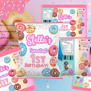 May include: A set of printable donut-themed party favor bags with the text "Stella's Sweetest 1st Birthday!" in pink and white. The bags feature a variety of colorful donuts with sprinkles and frosting.