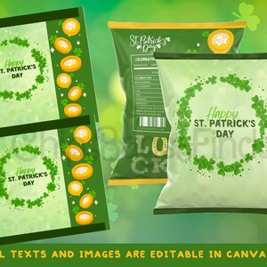 Puede incluir: Plantilla de bolsa de patatas fritas imprimible para el Día de San Patricio con un diseño de trébol verde y el texto "Feliz Día de San Patricio".
