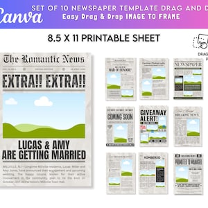 Könnte beinhalten: Ein Satz von zehn Zeitungsvorlagen mit Drag-and-Drop-Funktion, für den Druck im Format 21,6 x 27,9 cm. Die Vorlagen zeigen Schlagzeilen wie "Extra! Extra!" und "Lucas & Amy Are Getting Married". Erstellt mit Canva.
