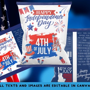 Modèle de sac de chips du 4 juillet : motif étoiles et aigle (fichier PDF, lien texte modifiable sur Canva