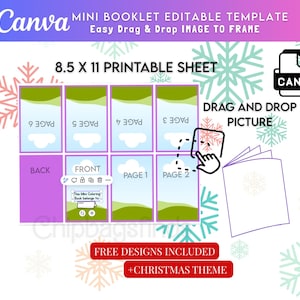 May include: A Canva mini booklet template with an easy drag and drop image feature. The printable sheet is 8.5 x 11 inches. The design includes a Christmas theme and free designs. The image shows a booklet with pages and a hand dragging an image.