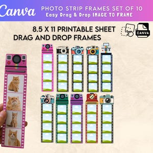 May include: A set of 10 printable photo strip frames for an 8.5 x 11 inch sheet, featuring various camera designs at the top of each strip. Each frame includes four slots for images, with one example strip showing four photos of a ginger cat.