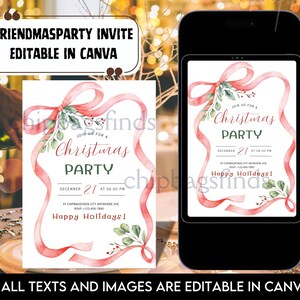 May include: A Christmas party invitation with a watercolour design. The invitation features a red ribbon border, green sprigs, and the text "Join us for a Christmas Party" and "Happy Holidays!" The invitation is editable in Canva.