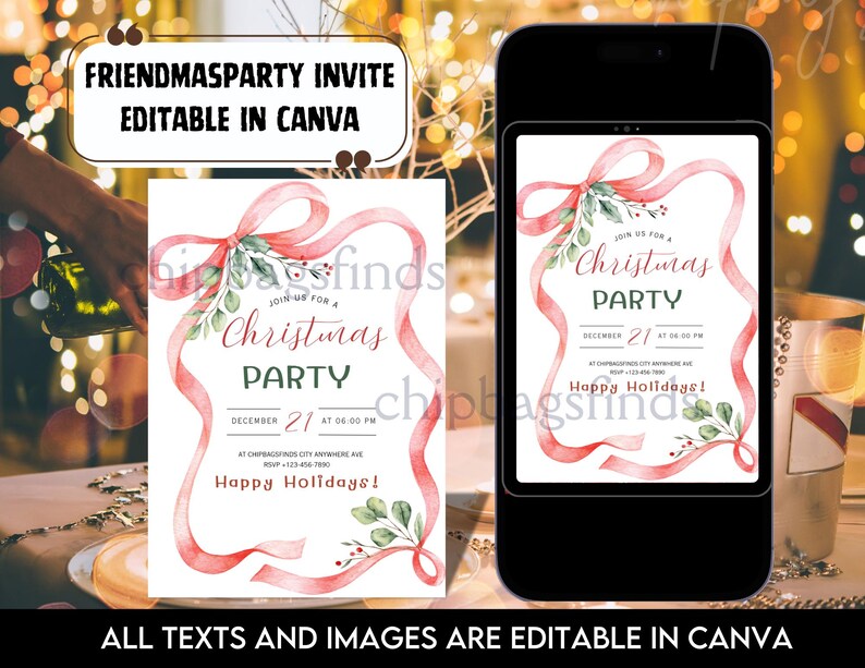 May include: A Christmas party invitation with a watercolour design. The invitation features a red ribbon border, green sprigs, and the text "Join us for a Christmas Party" and "Happy Holidays!" The invitation is editable in Canva.