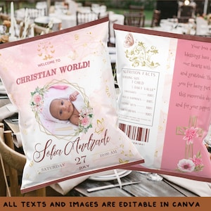 Puede incluir: Bolsa de regalo de bautizo cristiana rosa y dorada con una foto de una niña, el texto "¡Bienvenido al mundo cristiano!" y el nombre del bebé "Sofia Andrade" con la fecha "Sábado, 27 de julio, 10:00 AM". La parte posterior de la bolsa tiene una cruz con flores y el texto "Su amor y bendiciones han llenado nuestros corazones de alegría y gratitud. Gracias por ser parte de este día memorable y por su apoyo."