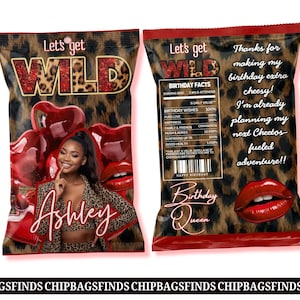 Let's Get Wild Red Cheetah Chip Bag Birthday Queen Editable in Canva