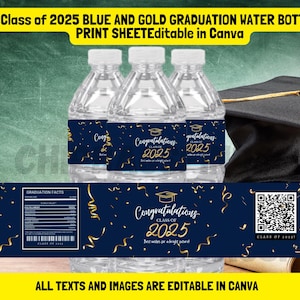 Klasse van 2025 BLAUWE en GOUDEN waterflessjabloon bewerkbaar in canvas