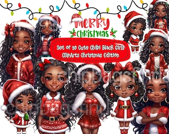 Cute Chibi Black Girls Set of 30 Images Cliparts Editable in Canva Christmas Special