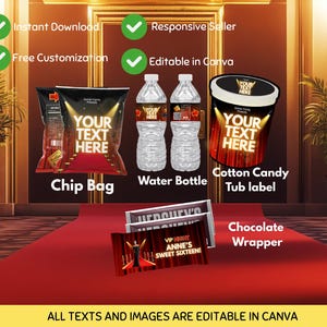 May include: A promotional image featuring editable templates for party favors. Includes a chip bag, water bottle, cotton candy tub label, and chocolate wrapper. Each item has space for custom text. The image also states "ALL TEXTS AND IMAGES ARE EDITABLE IN CANVA."