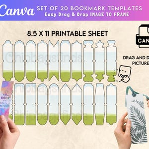 Puede incluir: Un conjunto de plantillas de Canva con 20 diseños de marcadores. La imagen muestra una hoja imprimible con varias formas de marcadores, cada una con un degradado verde y azul. El texto dice "Easy Drag & Drop IMAGE TO FRAME" y "8.5 x 11 PRINTABLE SHEET".