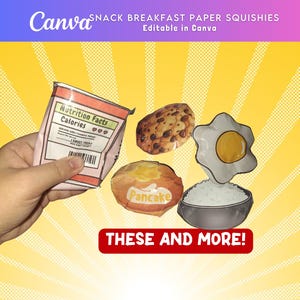 May include: A collection of paper squishies featuring a snack bag with Nutrition Facts, a chocolate chip cookie, a pancake, a fried egg, and a bowl of rice. The text reads SNACK BREAKFAST PAPER SQUISHIES, Editable in Canva, and THESE AND MORE!