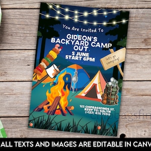 Könnte beinhalten: Eine farbenfrohe Einladung für Gideons Backyard Camp Out, mit Illustrationen von Lagerfeuer, Zelten und Campingausrüstung unter einem Sternenhimmel. Der Text lautet: "You Are Invited To Gideon's Backyard Camp Out. 5 June Start 6PM."