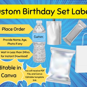 May include: A set of printable labels for a birthday party. The labels are designed for a water bottle, a pouch, a candy bar, and a gift bag. The labels are white with a silver metallic finish and have a custom text box for personalization. The labels are editable in Canva.