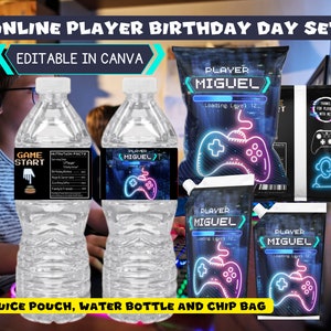 May include: A printable birthday party decoration set for an online gamer. The set includes a chip bag, a juice pouch, and a water bottle label. The labels feature a neon blue and pink video game controller graphic with the text "Player Miguel" and "Loading Level 12".
